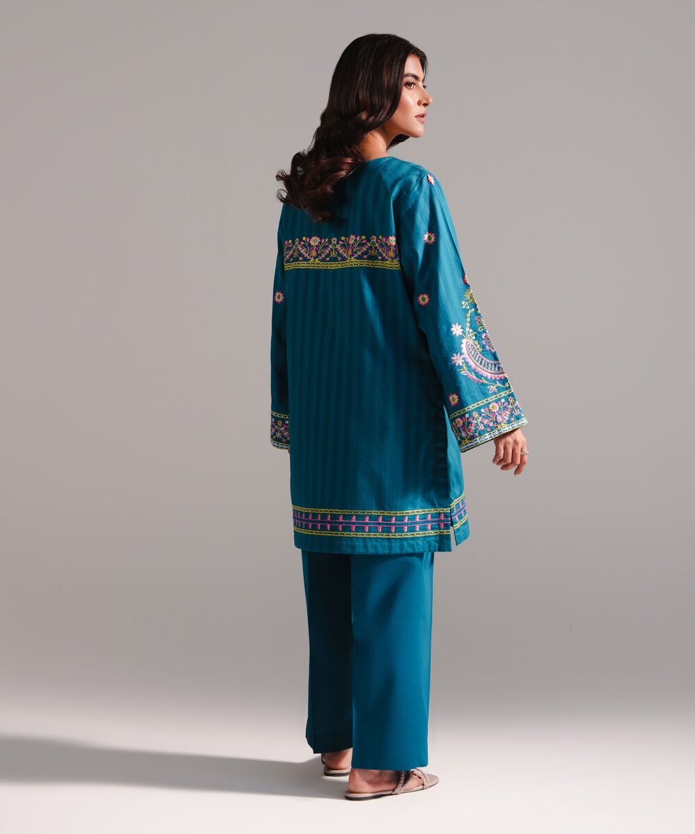 Women's RTW Dobby Embroidered Teal 2 Piece Suit