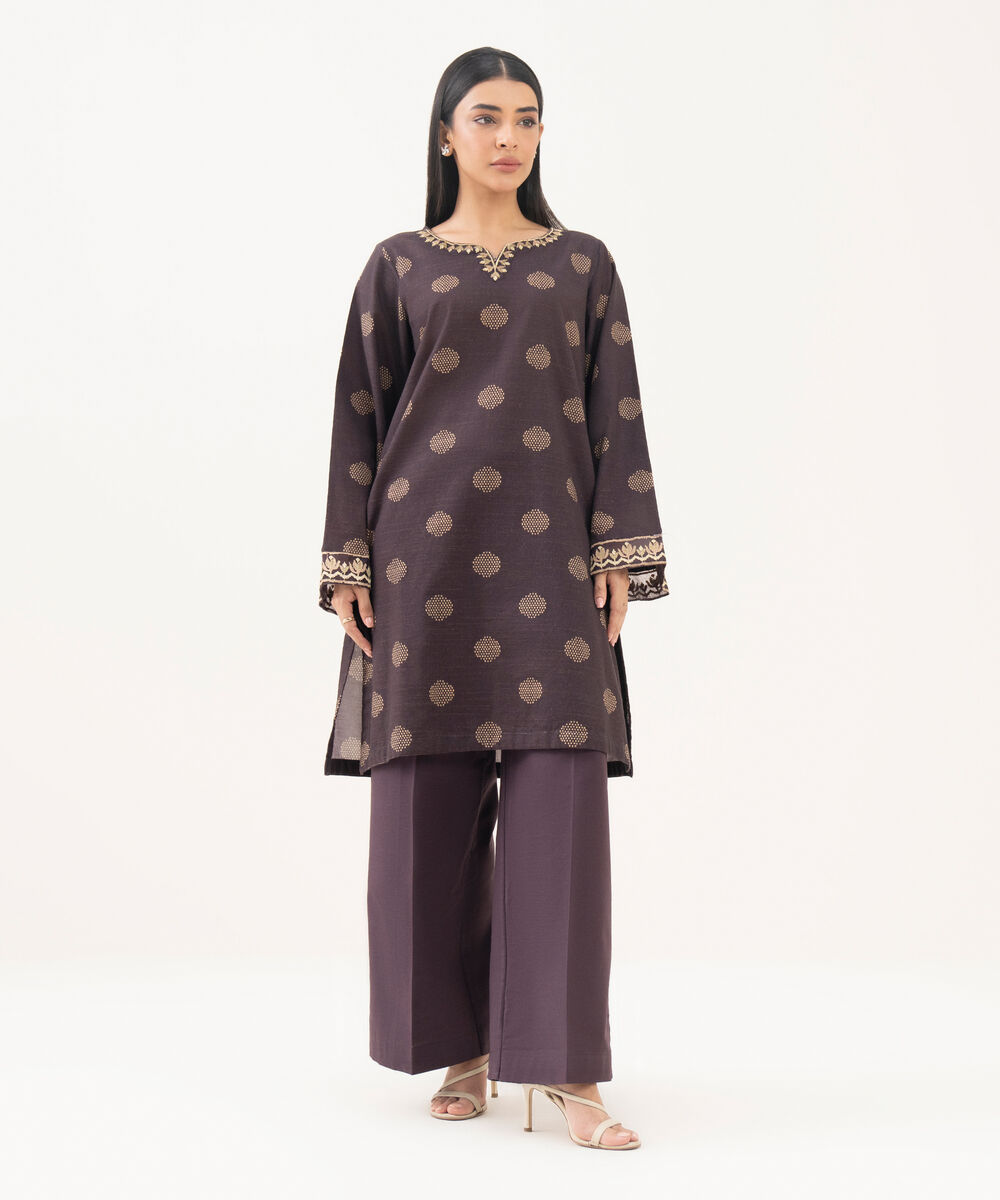 Women's RTW Light Khaddar Embroidered Brown Straight Shirt