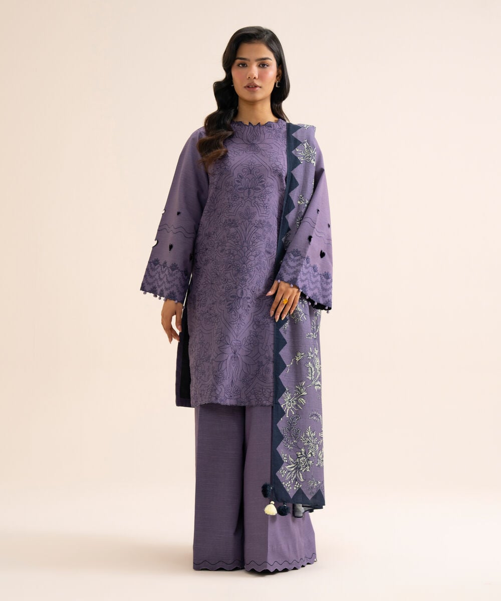 Women's Unstitched Light Khaddar Embroidered Purple 3 Piece Suit