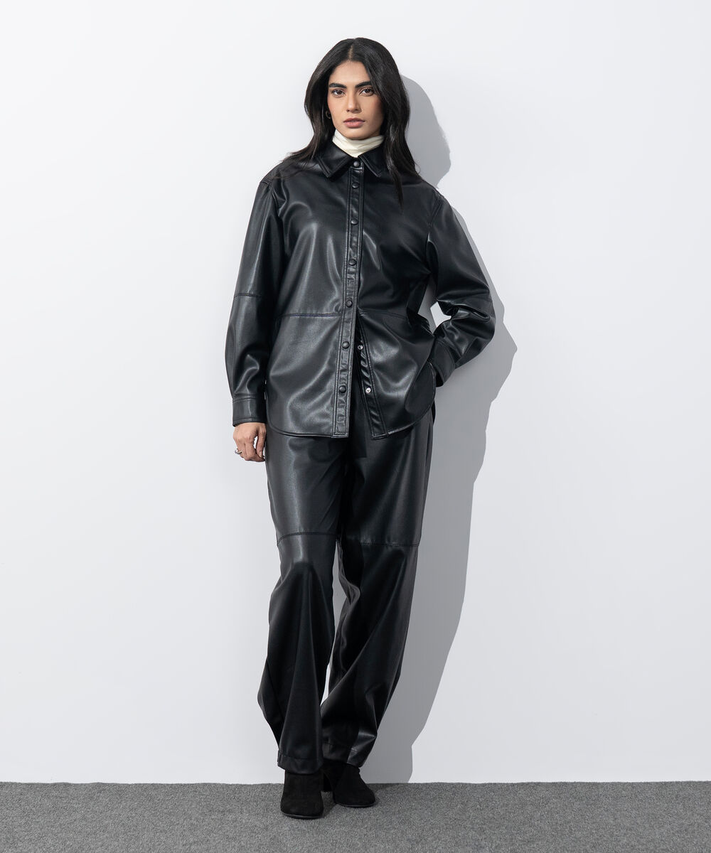 Women's Western Wear Black Loose-Fit Faux Leather Shirt