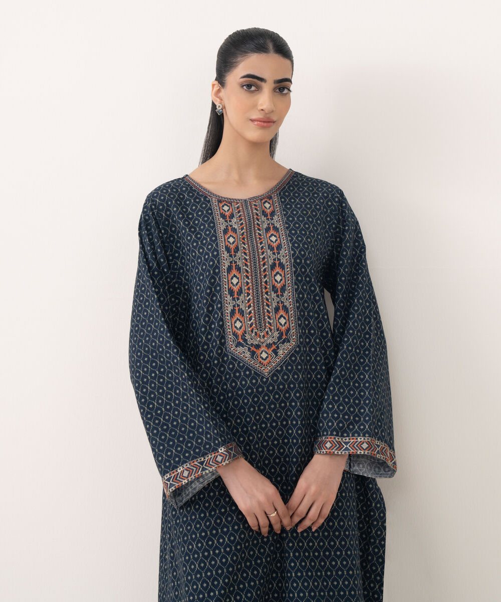 Women's RTW Light Khaddar Embroidered Blue Straight Shirt