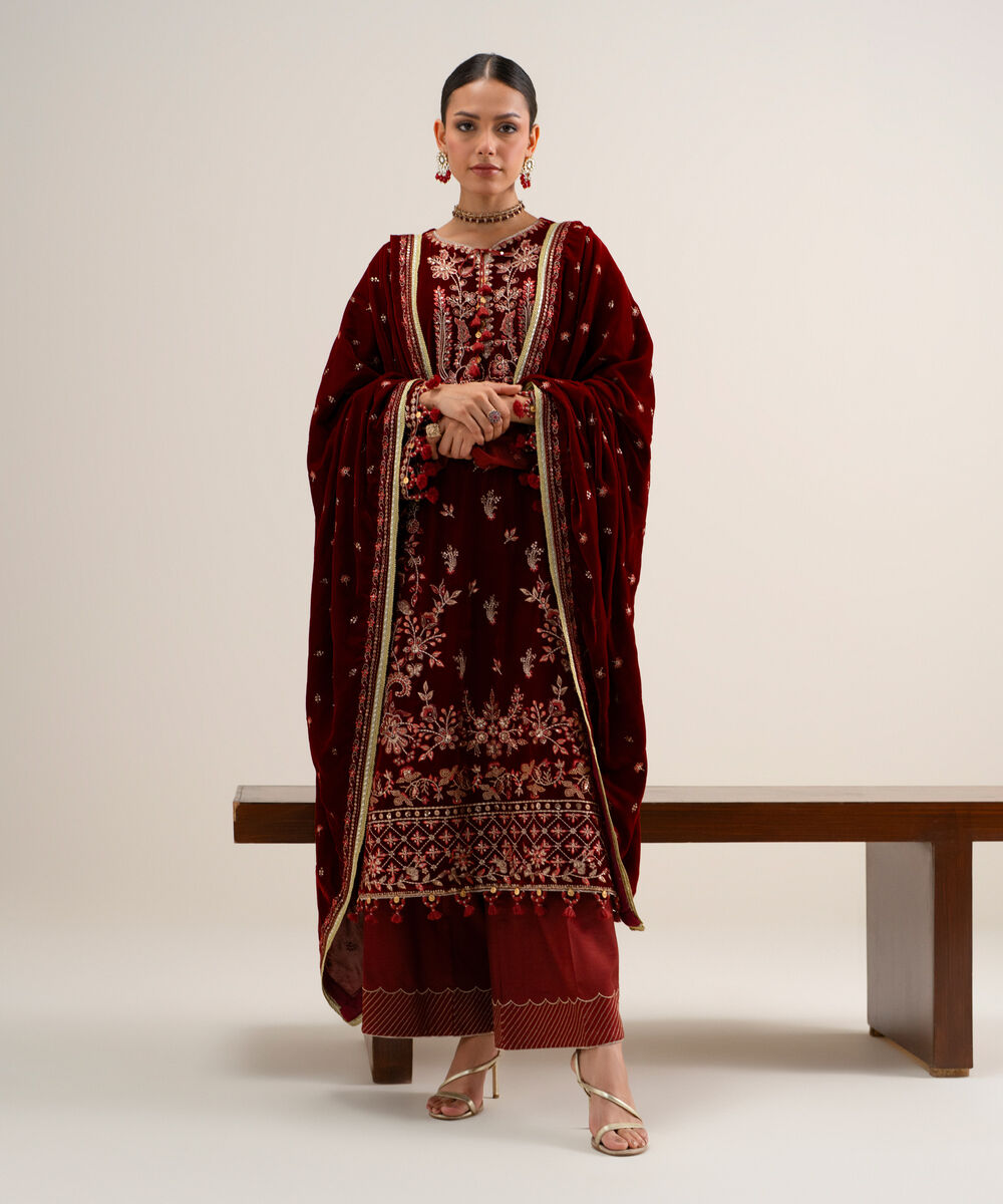 Women's Unstitched Embroidered Velvet Red 3 Piece Suit