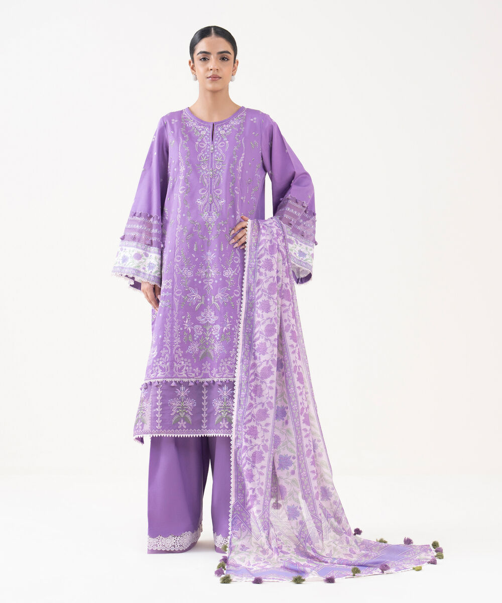 Women's Unstitched Raw Silk  Embroidered Lilac 3 Piece Suit