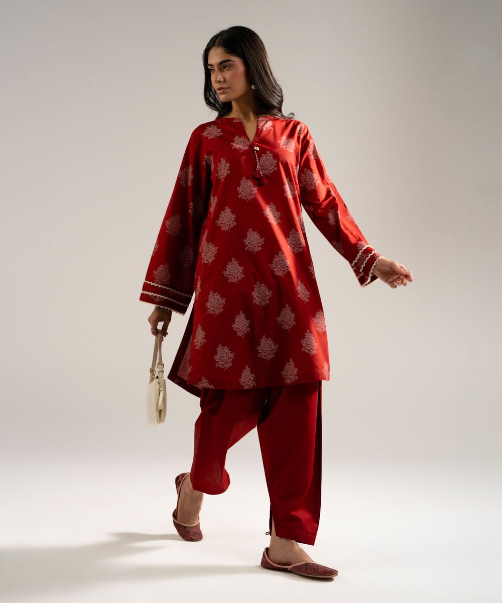 Women's RTW Lawn Printed Red Straight Shirt