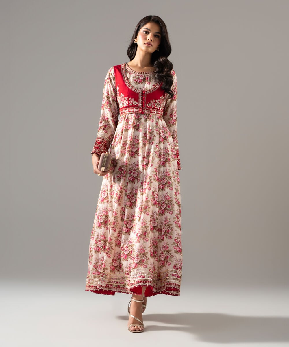 Women's RTW Bright Raw Silk Printed Off White Dress