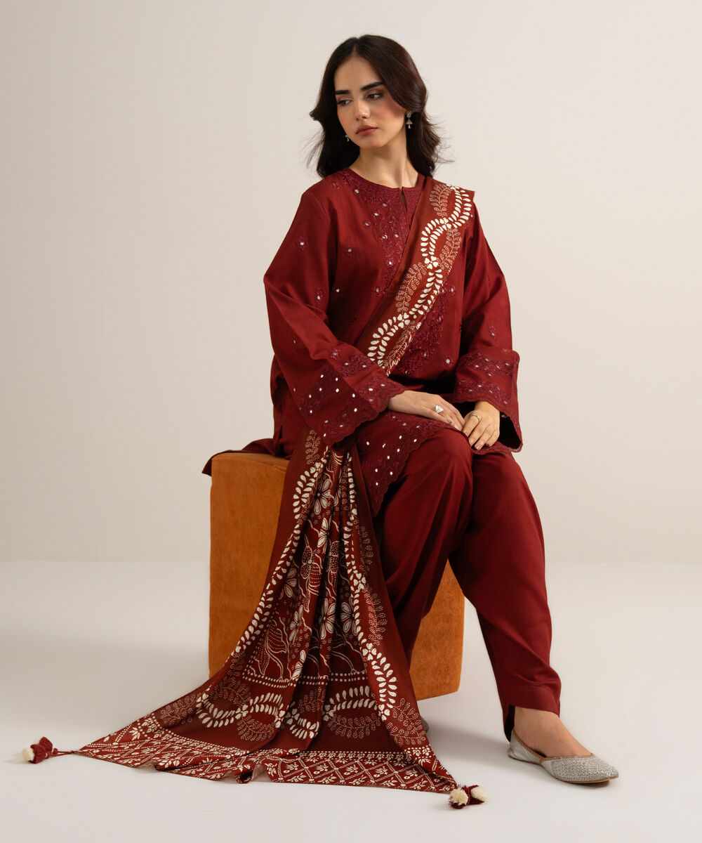 Women's Unstitched Embroidered Linen Maroon 3 Piece Suit