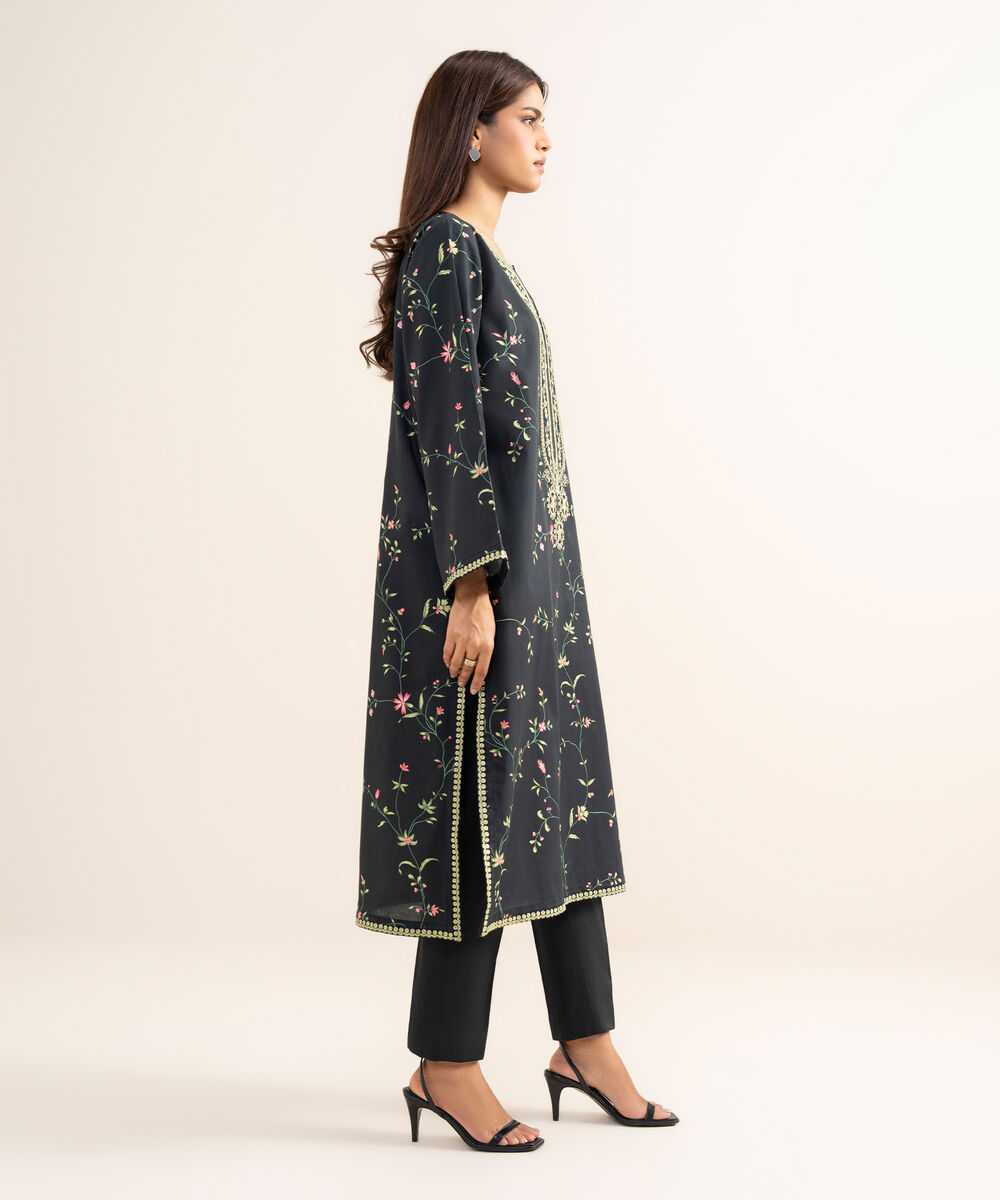 Women's Unstitched Lawn Embroidered Black   2 Piece Suit