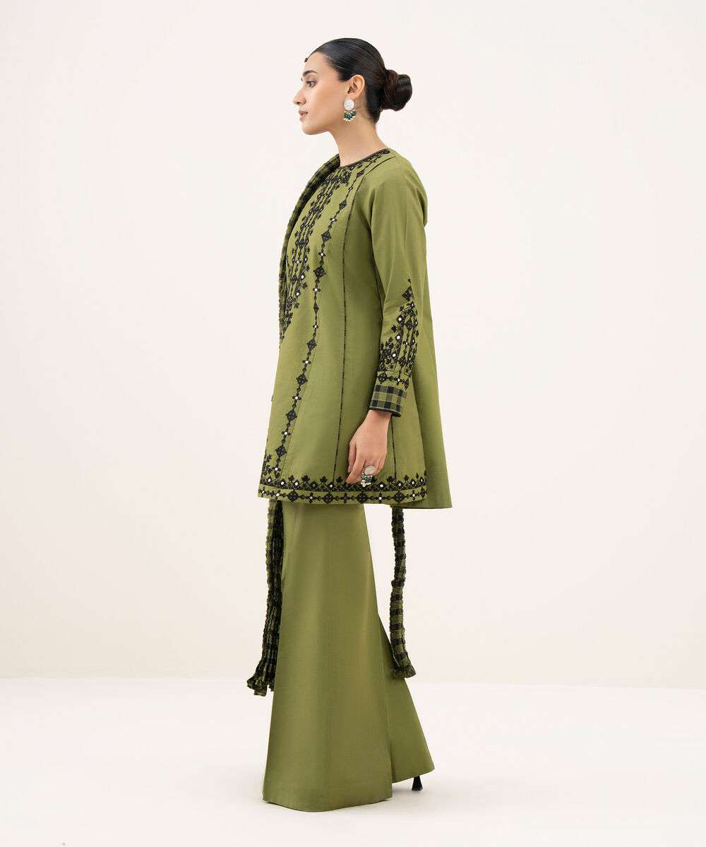 Women's Unstitched Cotton Embroidered Green 3 Piece Suit