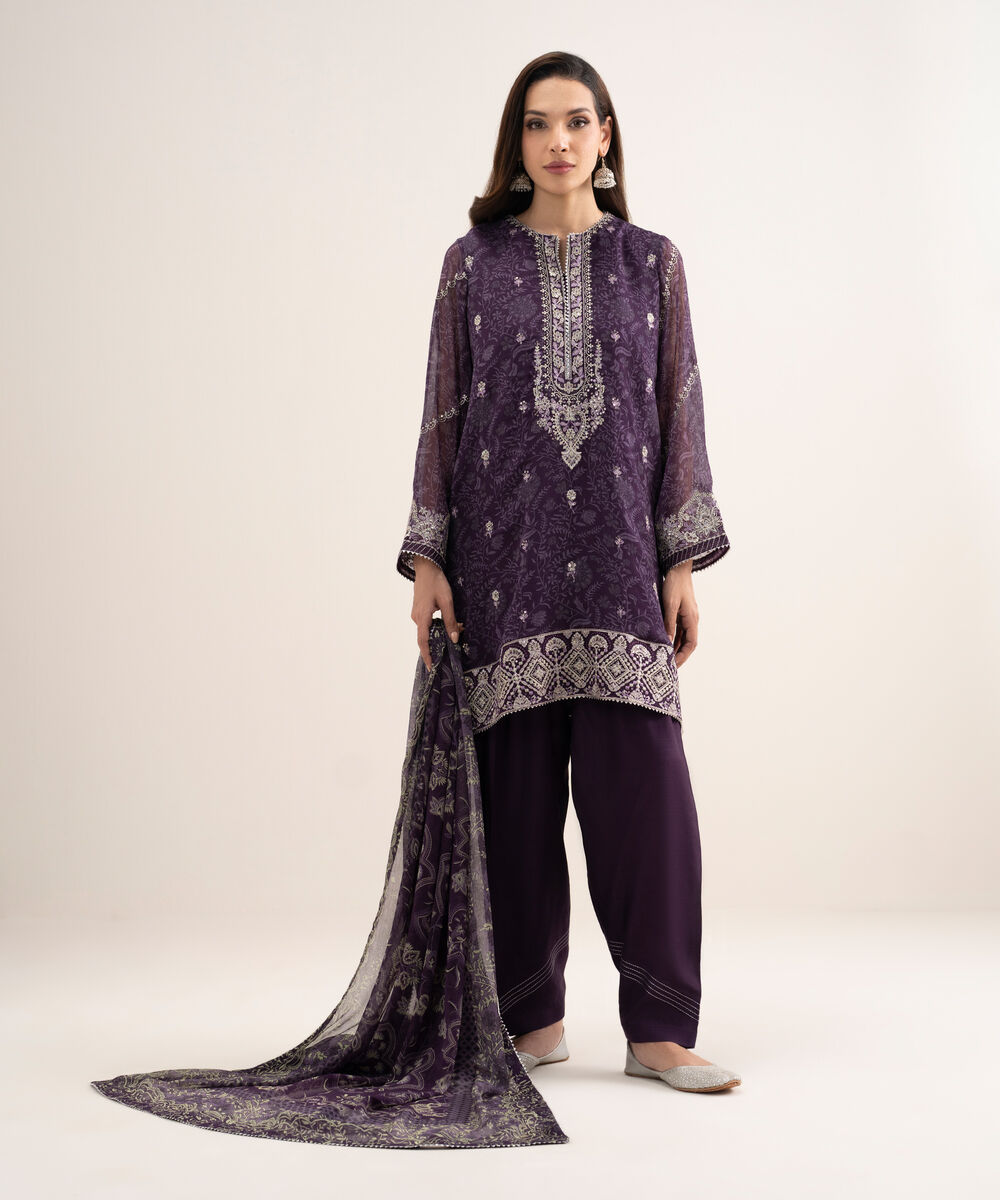 Women's Unstitched Blended Chiffon Embroidered Purple 3 Piece Suit