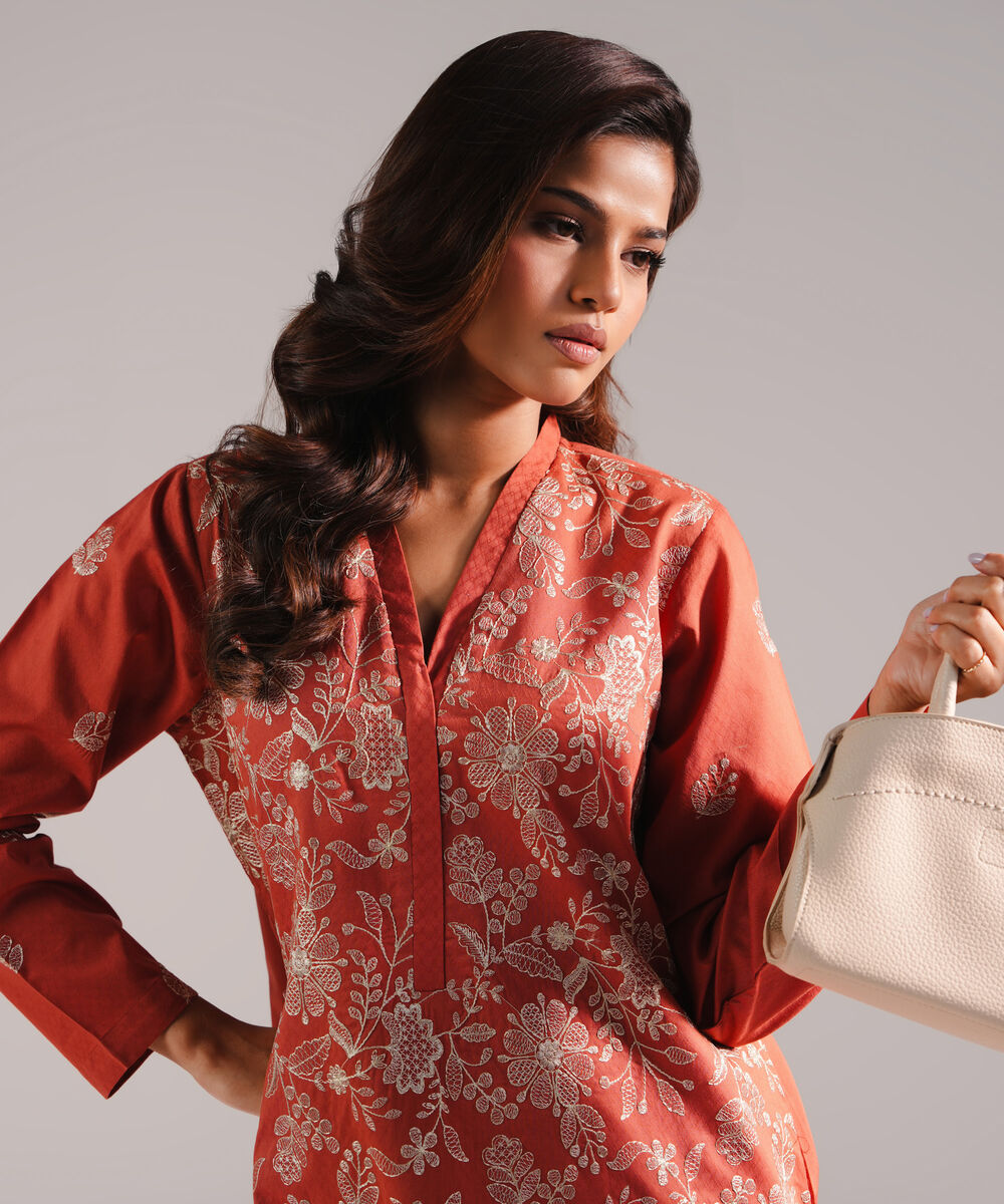 Women's RTW Dobby Embroidered Rust 2 Piece Suit