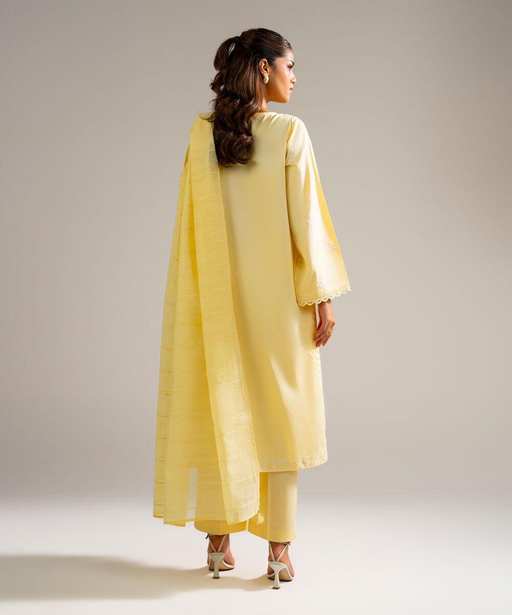 Women's RTW Cotton Satin Embroidered Yellow 3 Piece Suit