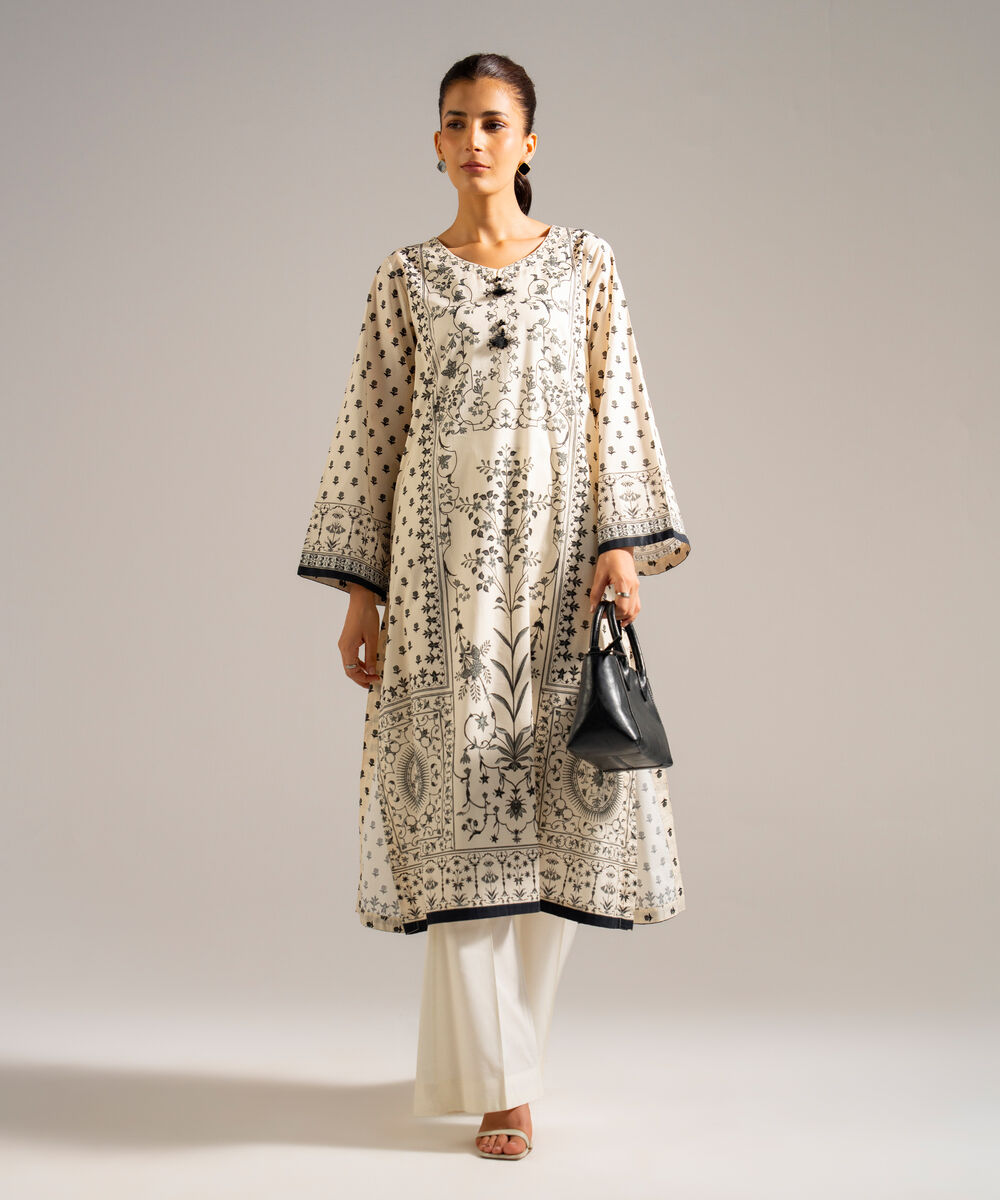 Women's RTW Lawn Printed White Straight Shirt