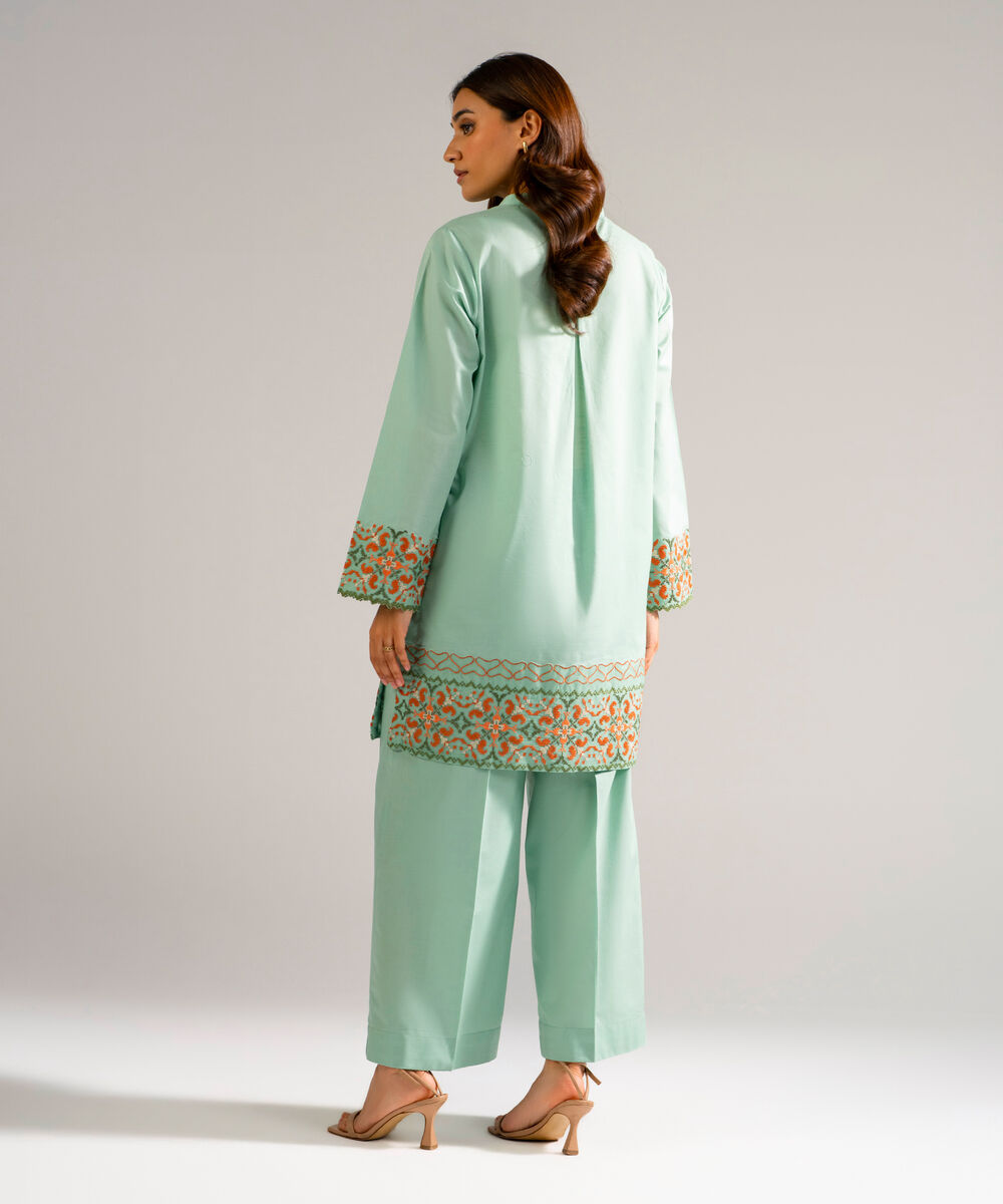 Women's RTW Slub Lawn Embroidered Green Straight Shirt