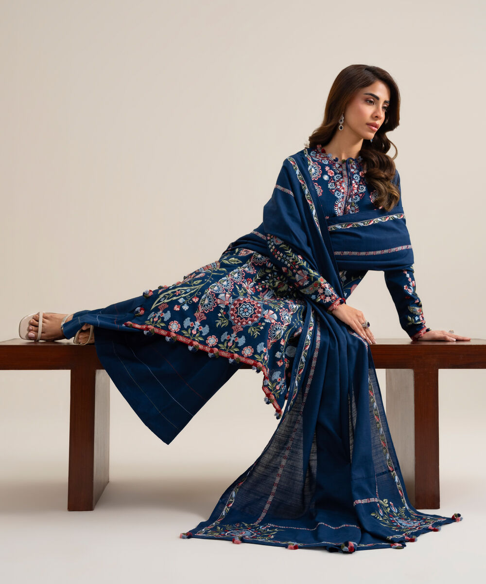 Womens Unstitched Basic Khaddar Embroidered Dark Blue 3 Piece Suit