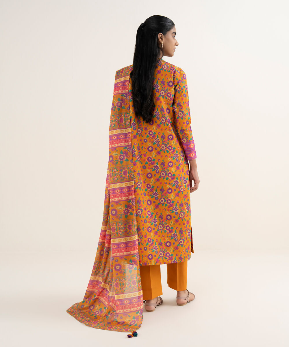 Women's Unstitched Lawn Printed Orange 3 Piece Suit
