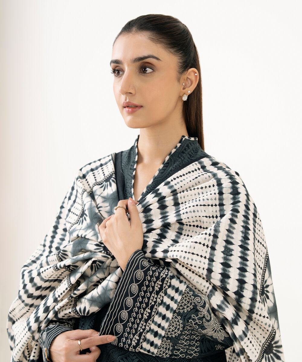 Women's Unstitched Light Khaddar Printed Black 3 Piece Suit