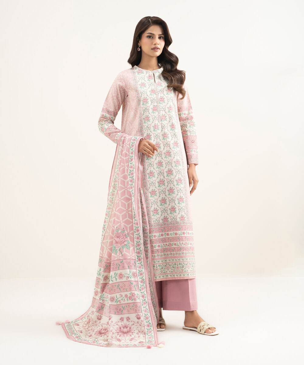 Women's Unstitched Lawn Printed Pink 3 Piece Suit