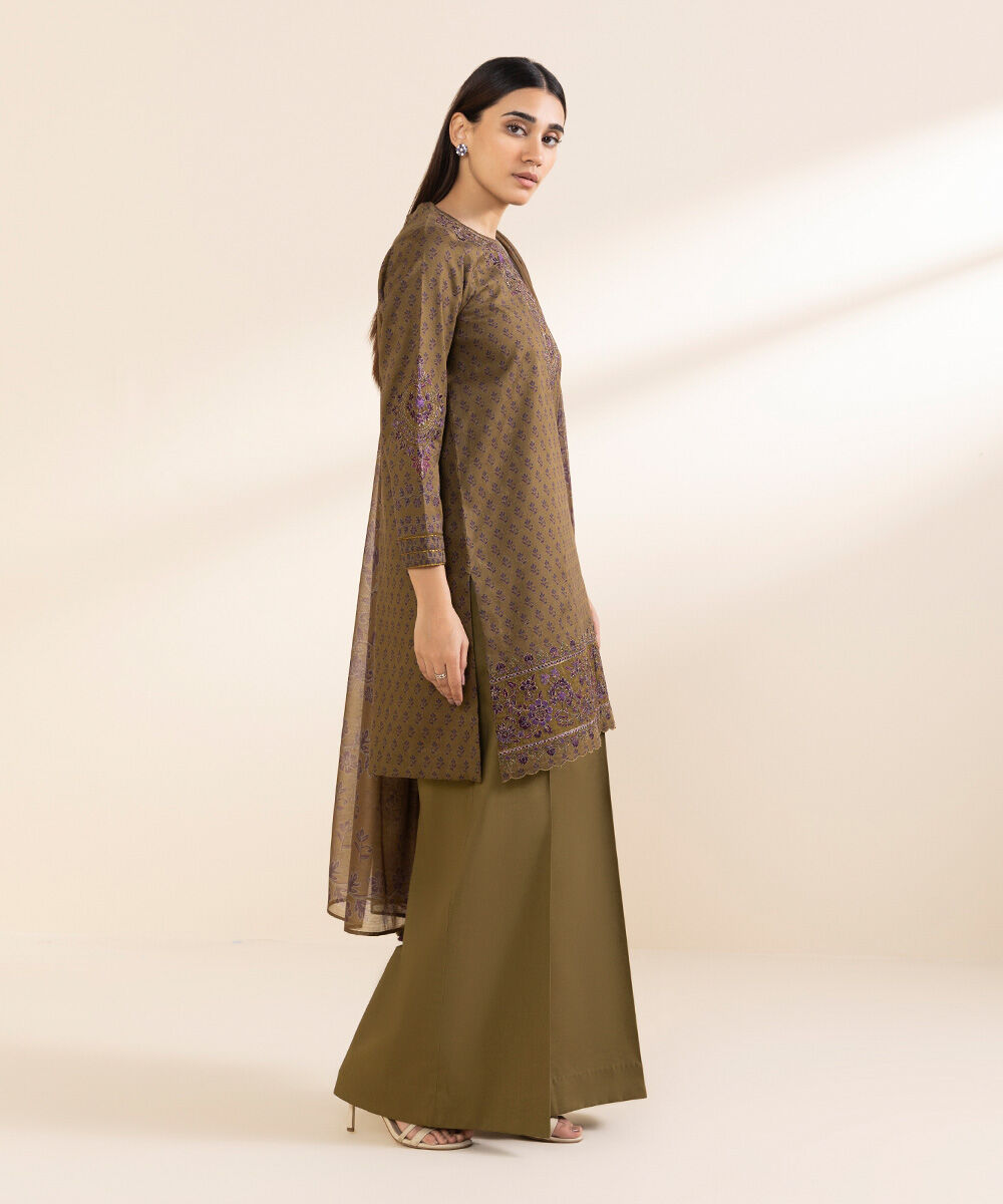 Unstitched Women's Embroidered Cotton Jacquard Brown  Three Piece Suit