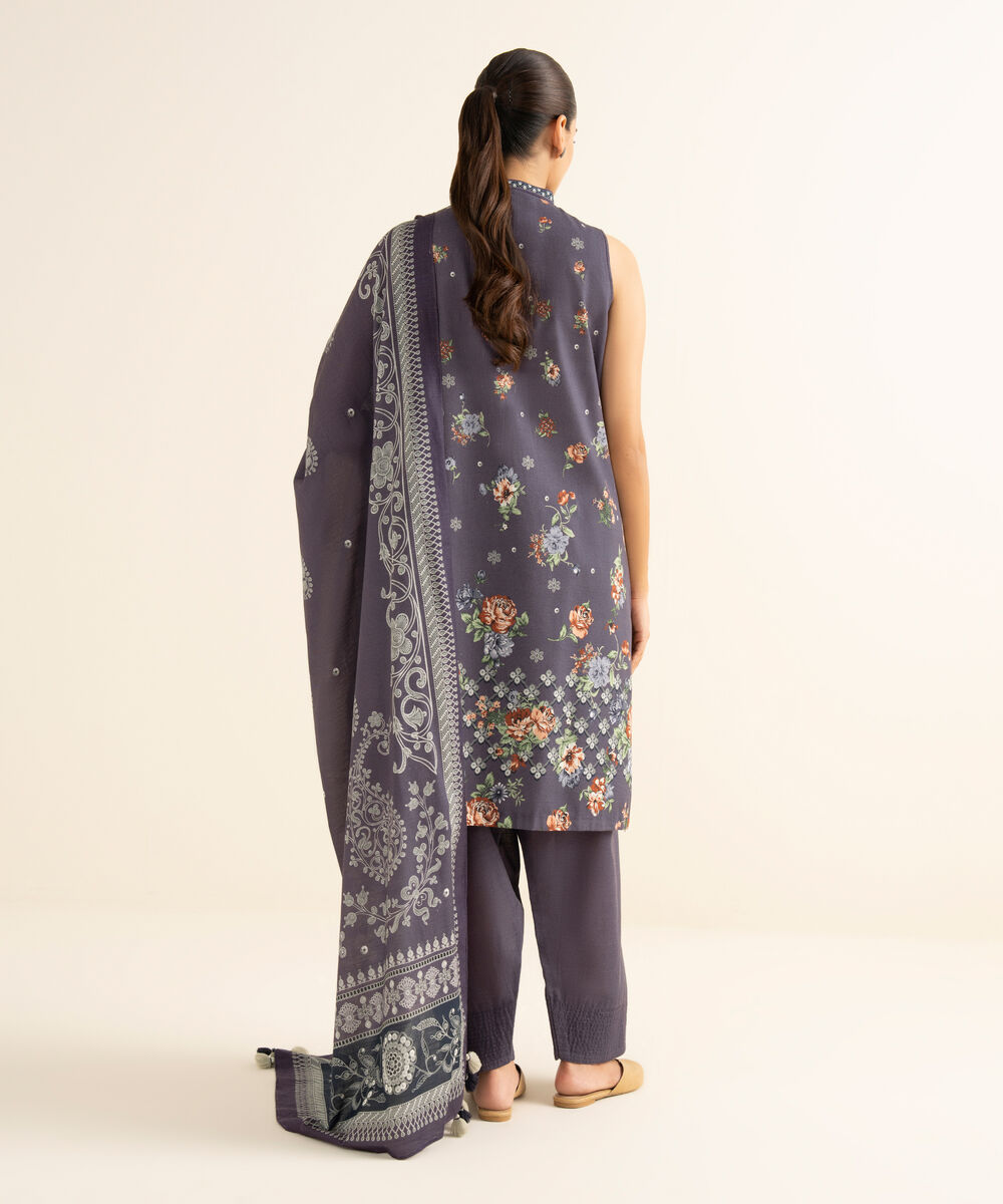 Women's Unstitched Light Khaddar Printed Purple 3 Piece Suit