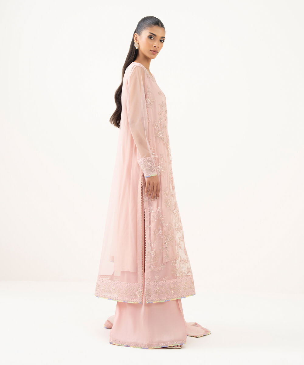 Women's RTW Blended Net Embroidered Pink Three Piece Suit