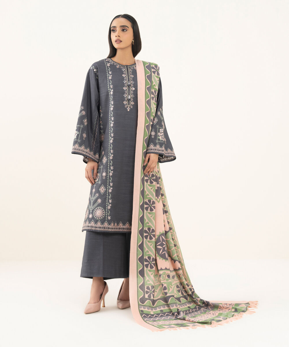 Women's Unstitched Embroidered Zari Khaddar Grey 3 Piece Suit