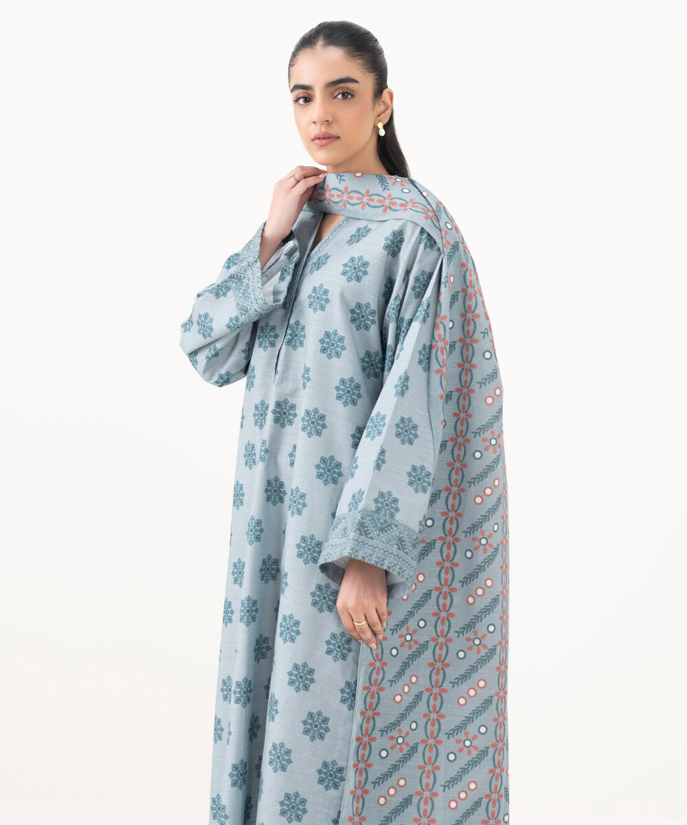 Women's Unstitched Khaddar Printed Grey 2 Piece Suit