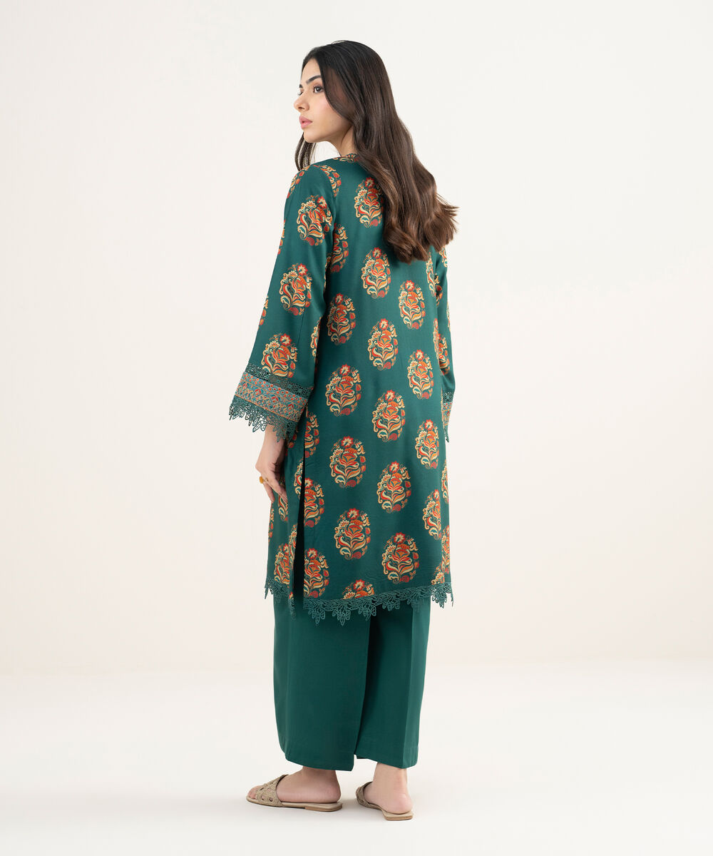 Women's RTW Arabic Cambric Embroidered Dark Green Straight Shirt