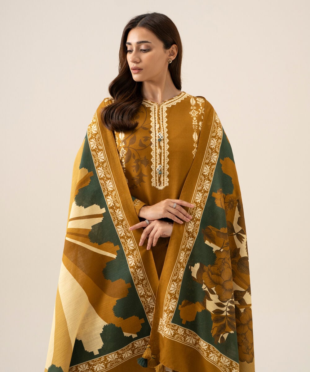 Women's Unstitched Light Khaddar Printed Mustard 3 Piece Suit