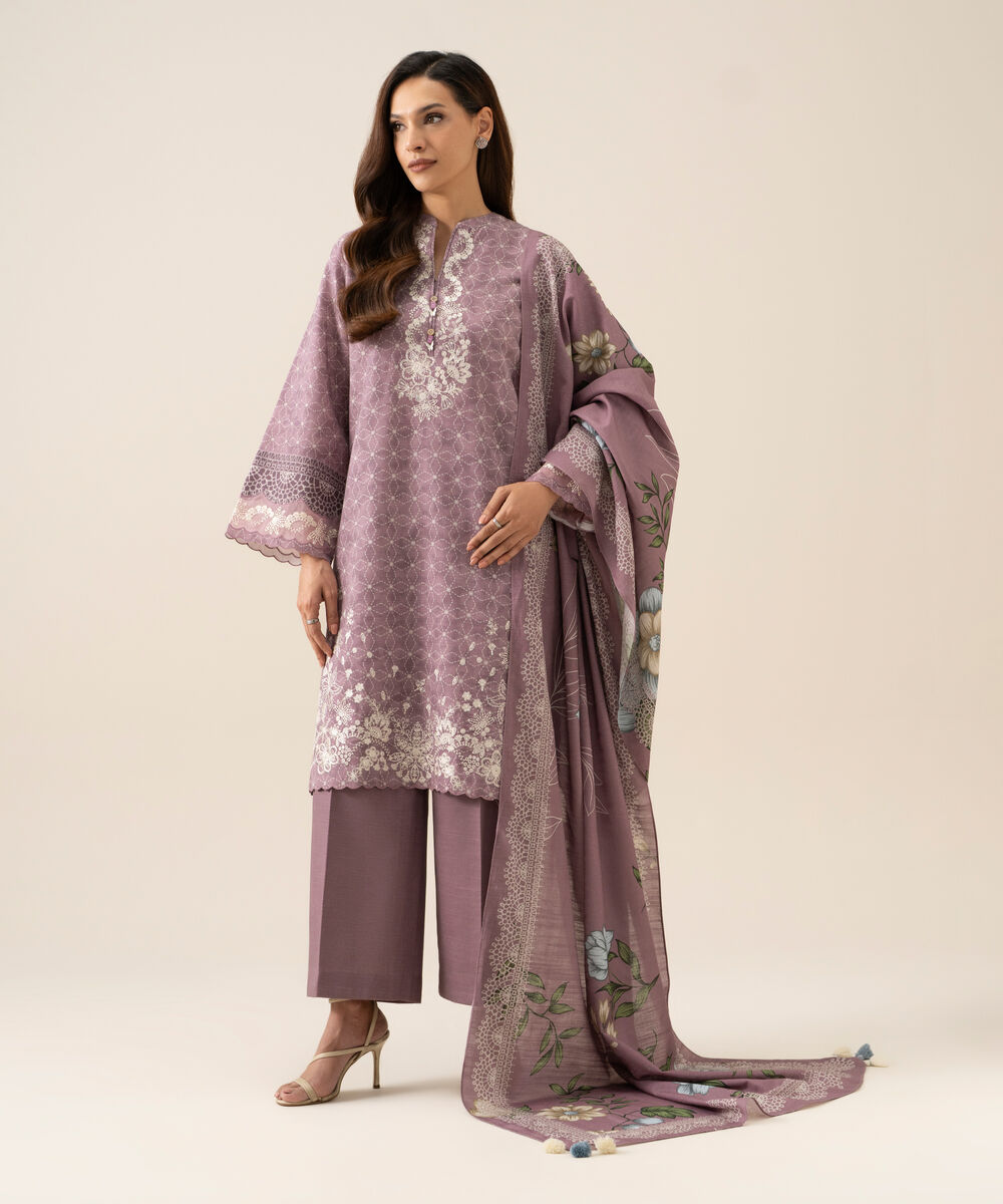 Women's Unstitched Light Khaddar Embroidered Mauve 3 Piece Suit