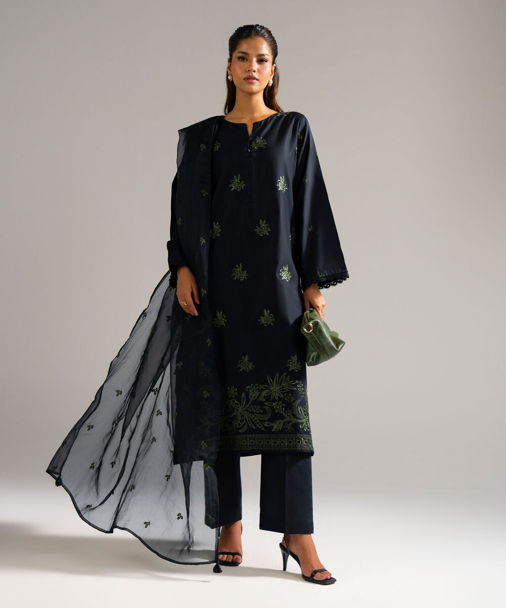 Women's RTW Cotton Satin Embroidered Black 3 Piece Suit