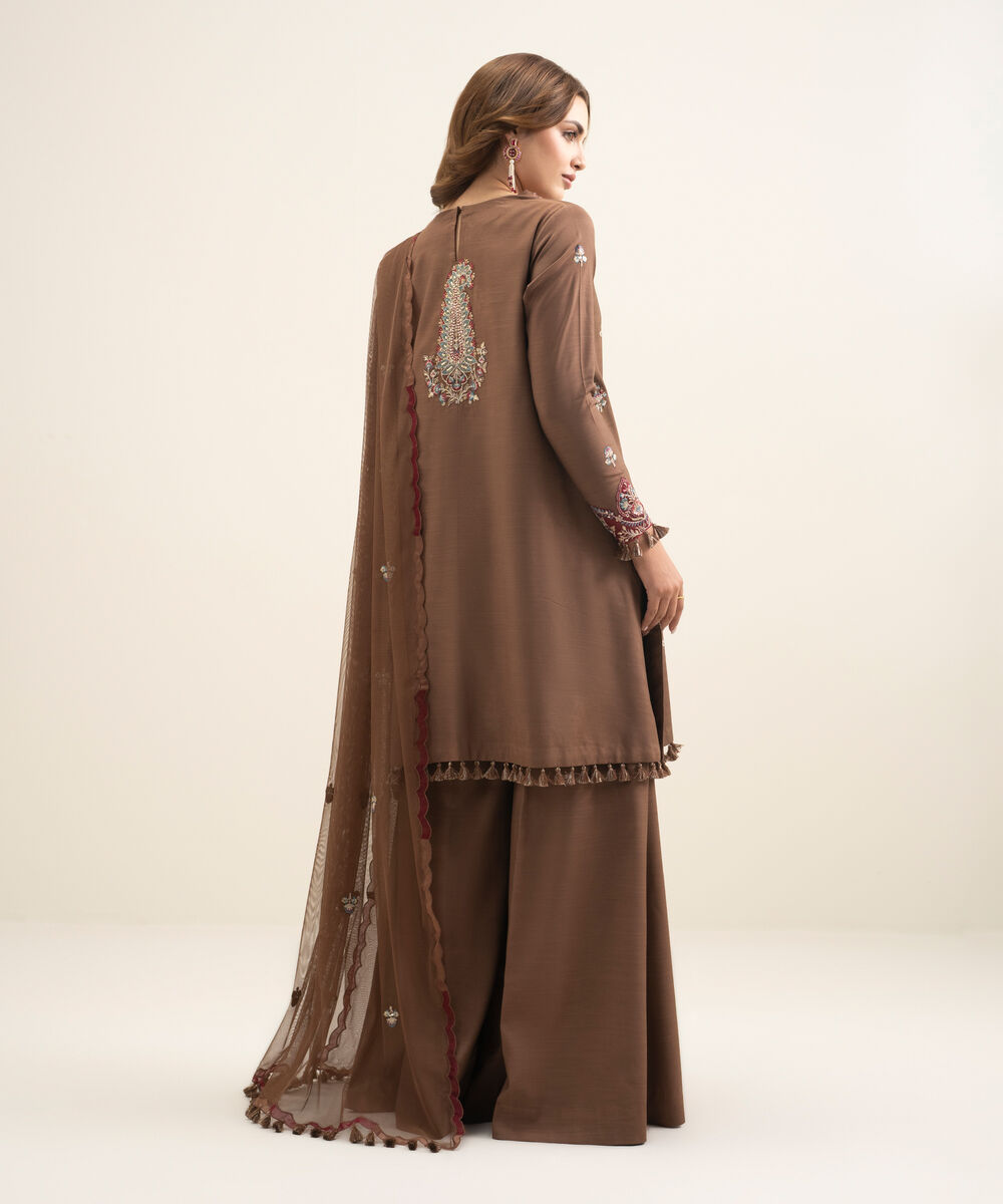 Women's Unstitched Viscose Raw Silk Embroidered Brown 3 Piece Suit