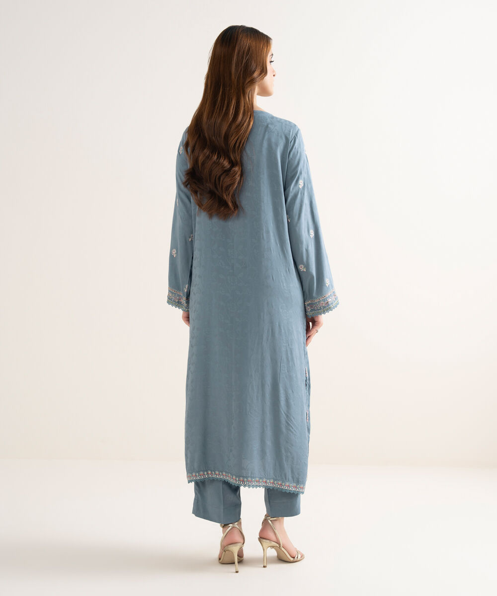 Women's RTW Textured Viscose Embroidered A-Line Blue Shirt