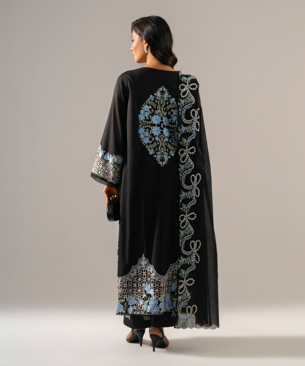 Women's RTW Lawn Solid Embroidered Black 3 Piece Suit