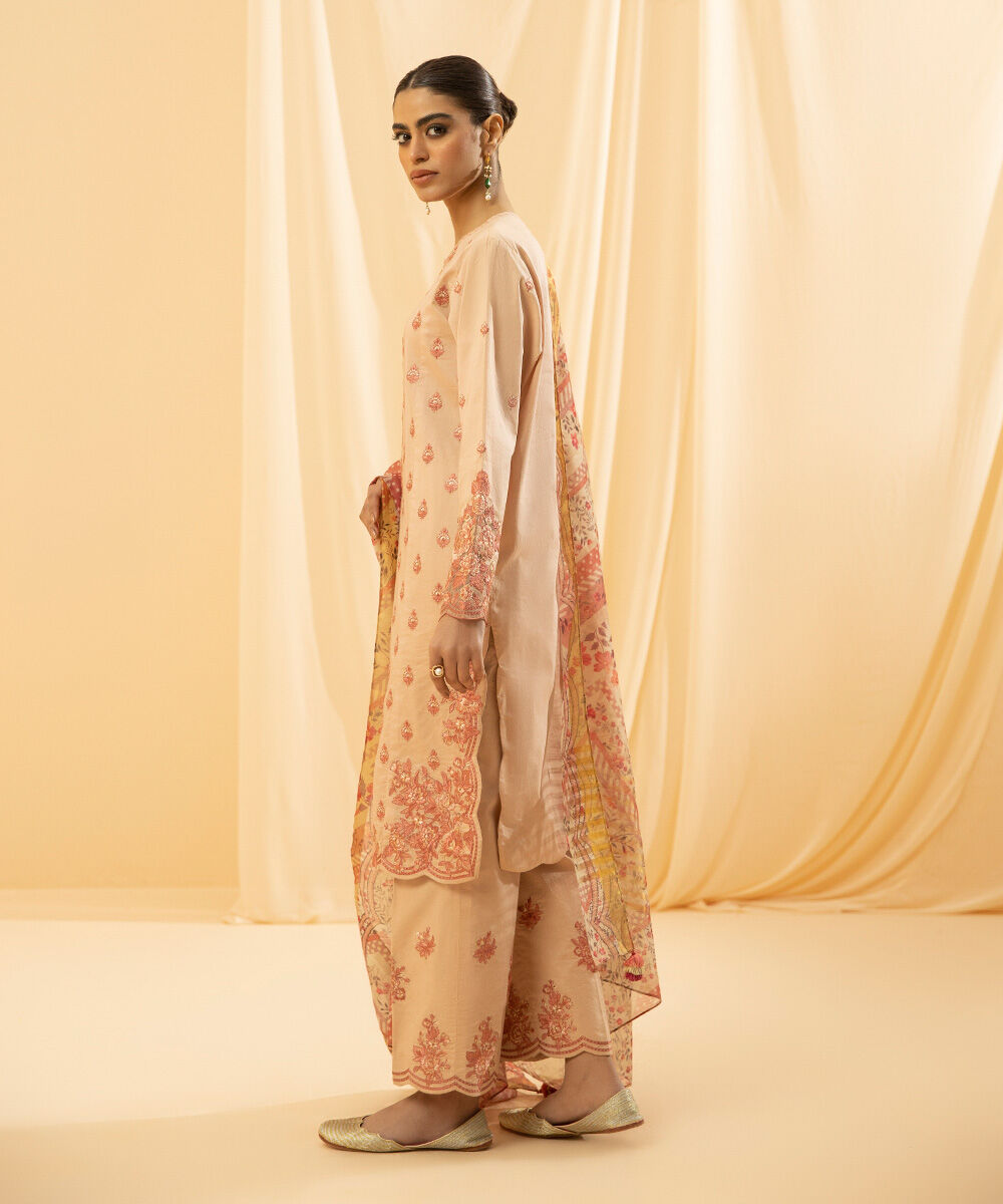Women's Unstitched Raw Silk  Embroidered Light Beige 3 Piece Suit
