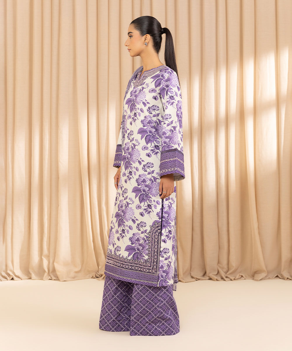 Unstitched Women's Embroidered Cotton Jacquard Purple Three Piece Suit