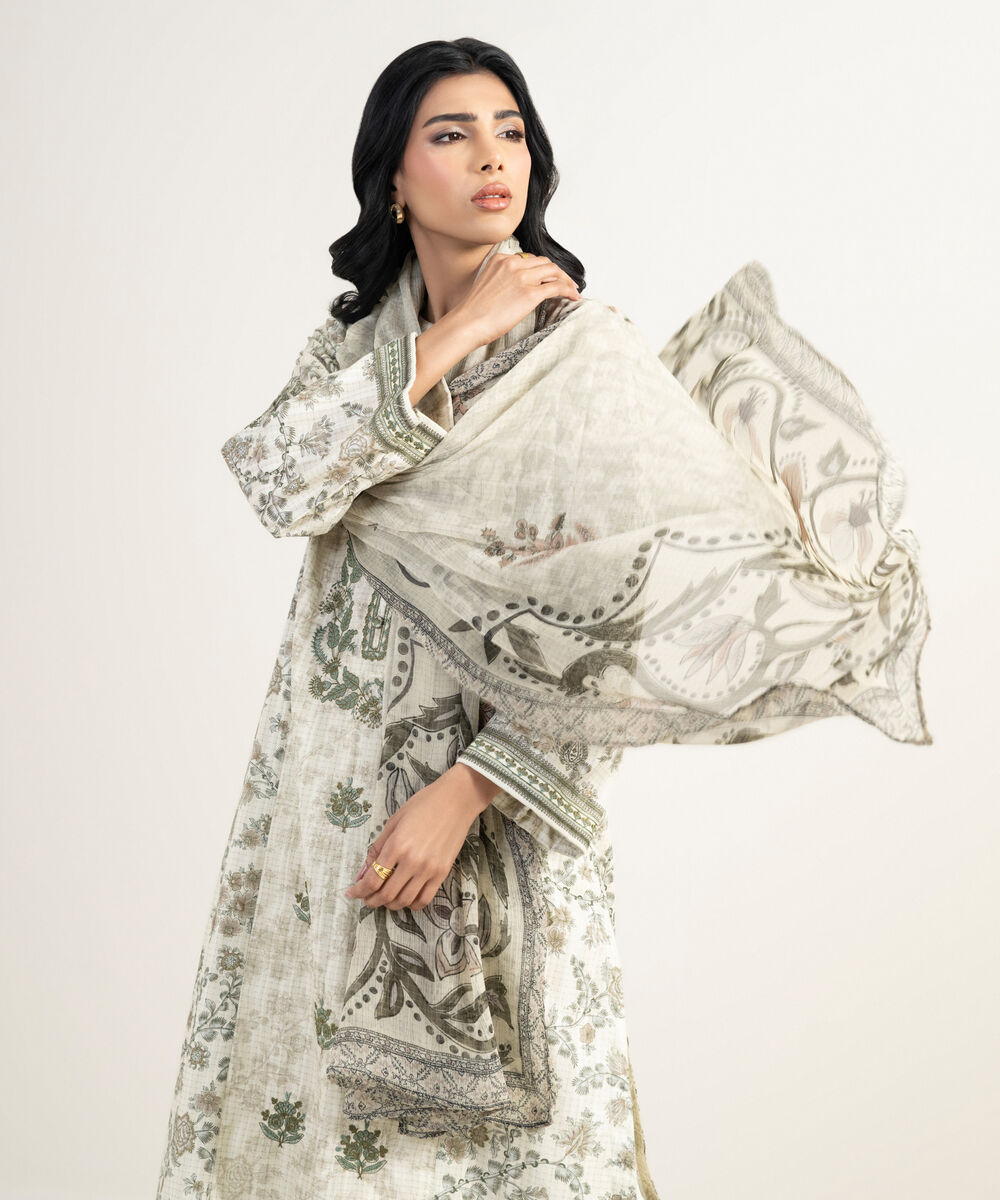 Women's RTW Dobby Embroidered Off White 3 Piece Suit