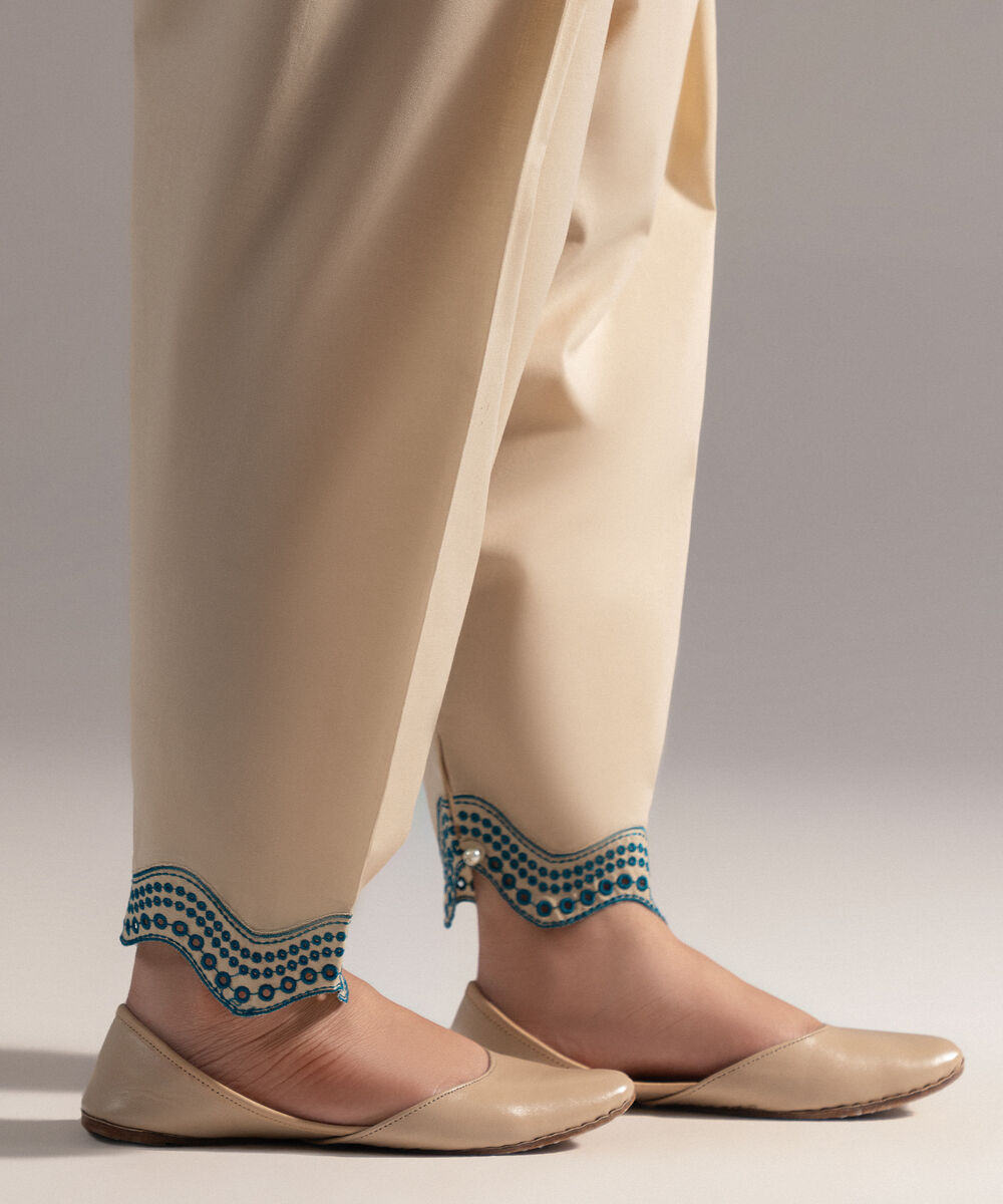 Women's RTW Cambric Embroidered Beige Shalwar