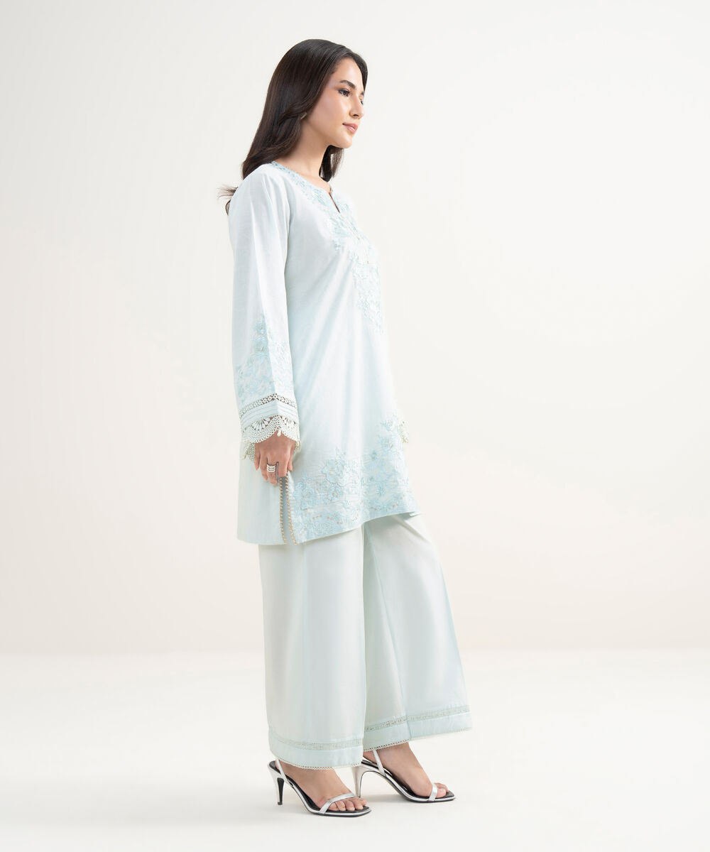 Women's RTW Self Jacquard Embroidered Blue Straight Shirt