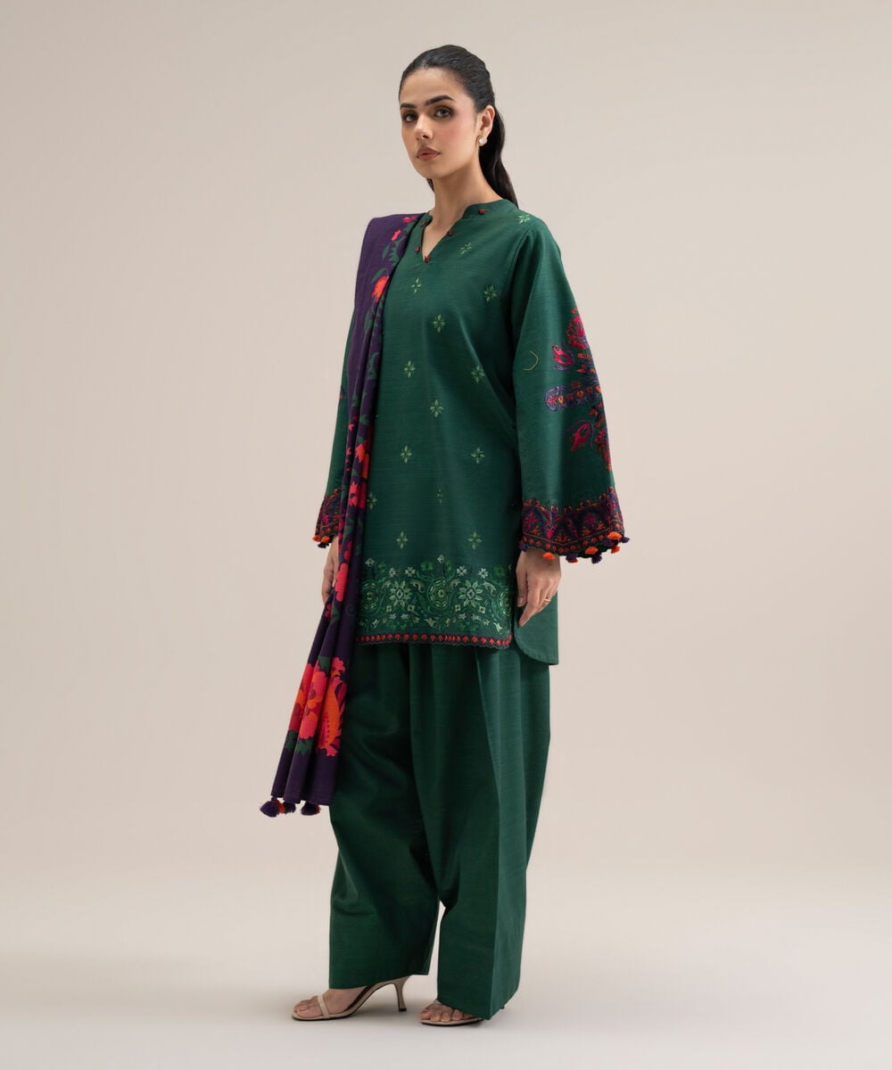Women's Unstitched Premium Khaddar Embroidered Green 3 Piece Suit