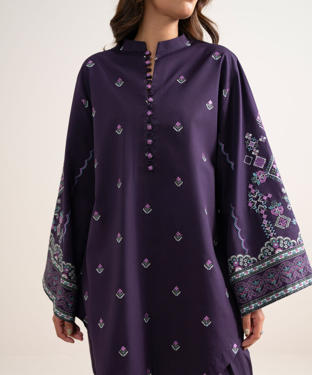 Women's Unstitched Embroidered Cotton Purple 3 Piece Suit