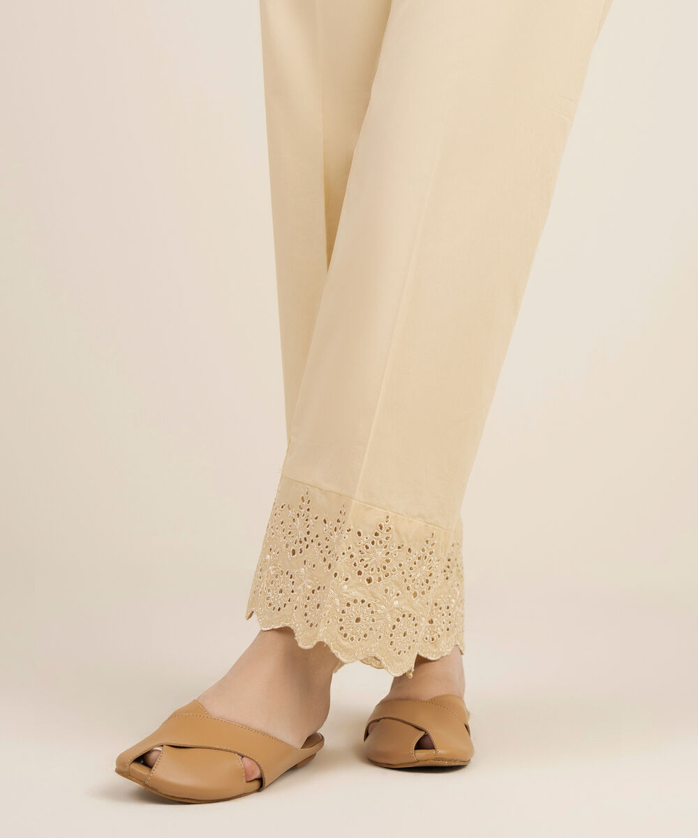 Women's RTW Cotton Embroidered Beige Straight Pants
