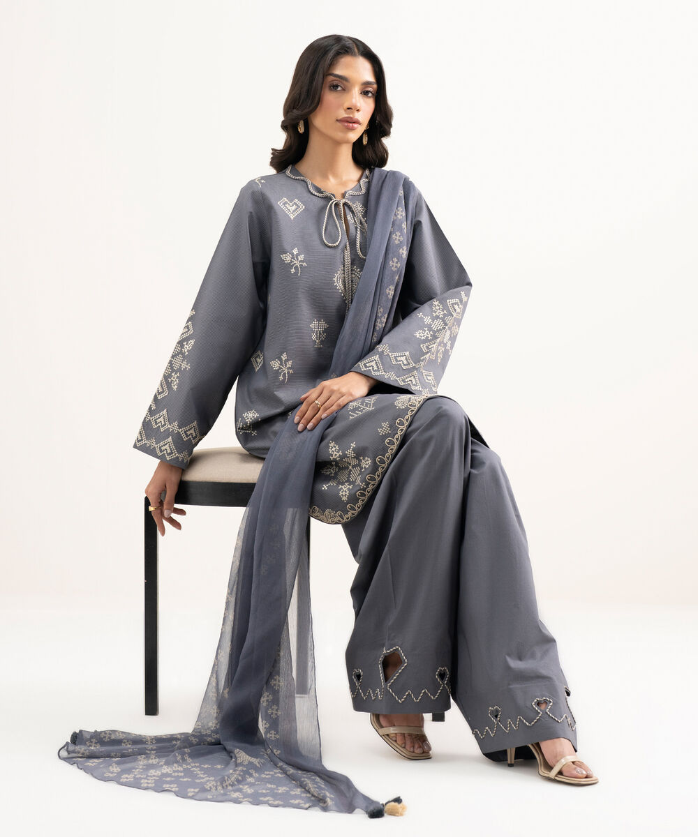 Women's Unstitched Zari Lawn Embroidered Grey 3 Piece Suit