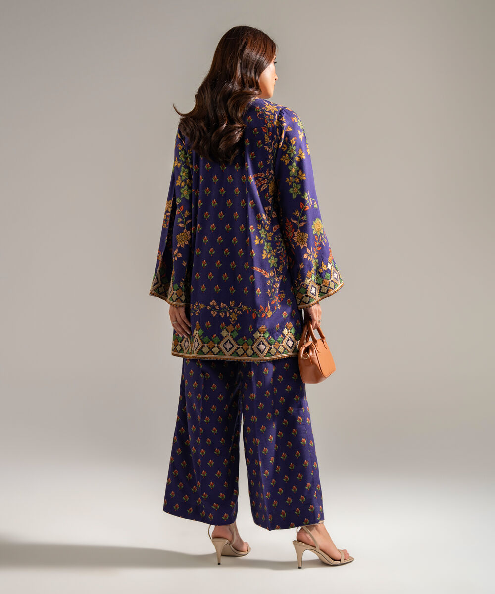 Women's RTW Self Jacquard Embroidered Dark Blue 2 Piece Suit