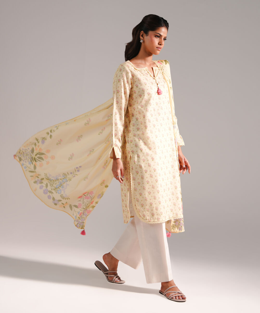 Women's RTW Dobby Printed Pale Yellow 2 Piece Suit