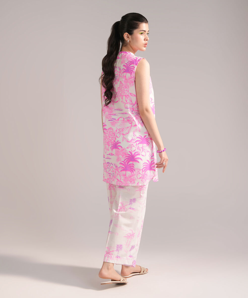 Women's RTW Dobby Printed White 2 Piece Suit