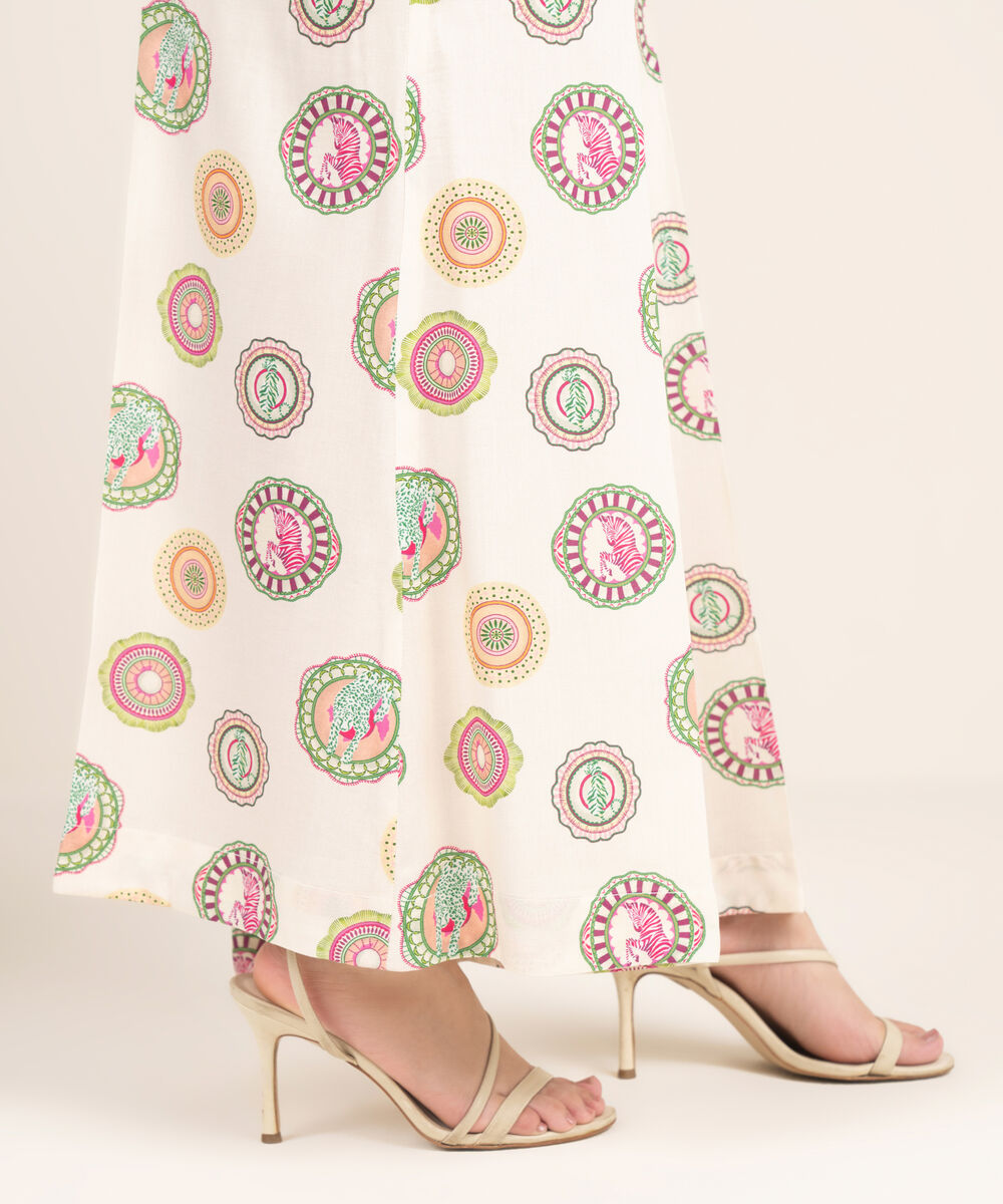 Women's RTW Linen Viscose Printed Off White Flared Pants