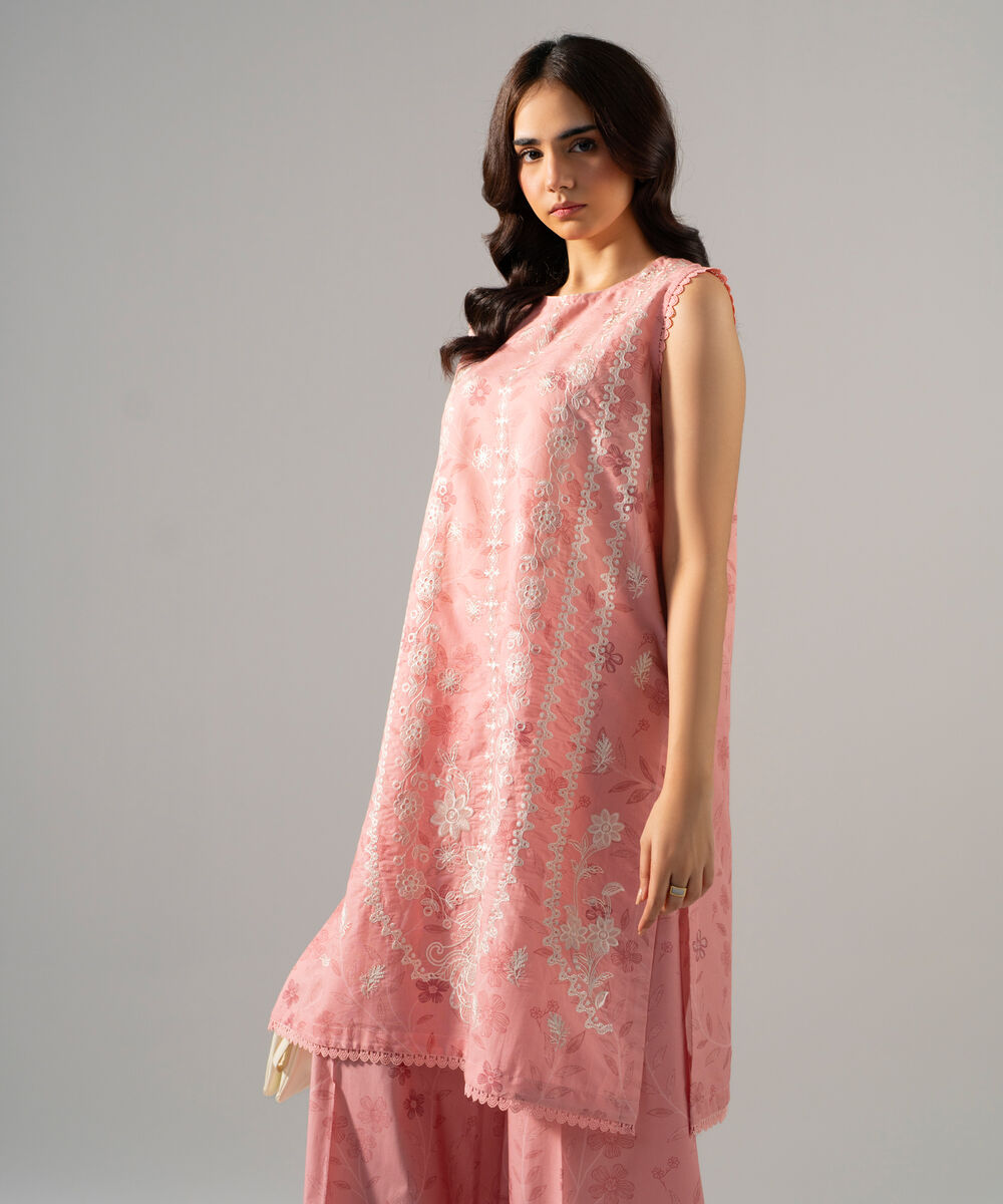 Women's RTW Fancy Cotton Printed Embroidered Pink 2 Piece Suit