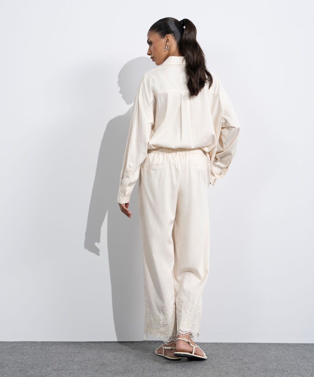 Women's Western Off-white Straight-Fit Embroidered Trouser