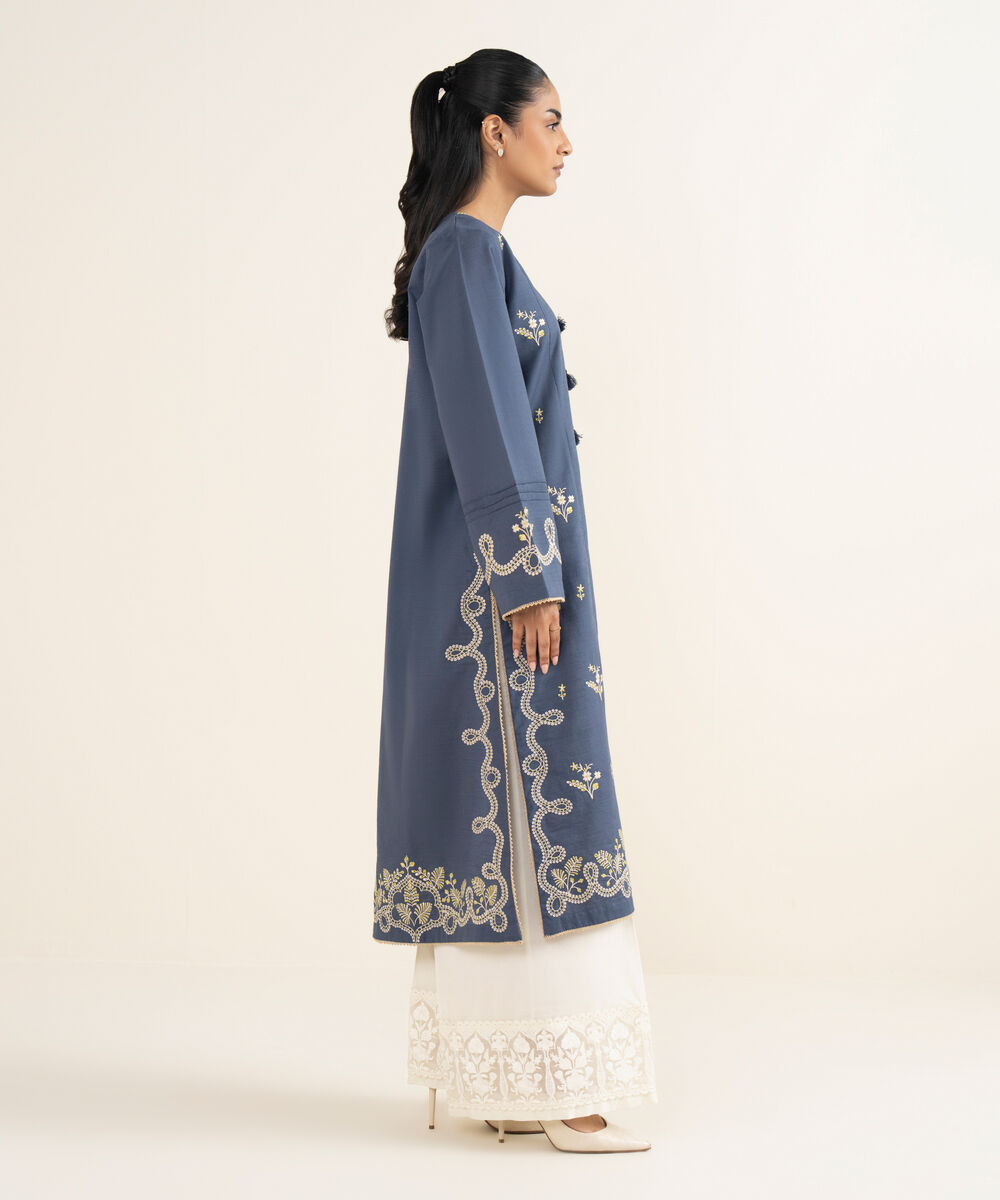 Women's RTW Cotton Embroidered Blue A-Line Shirt