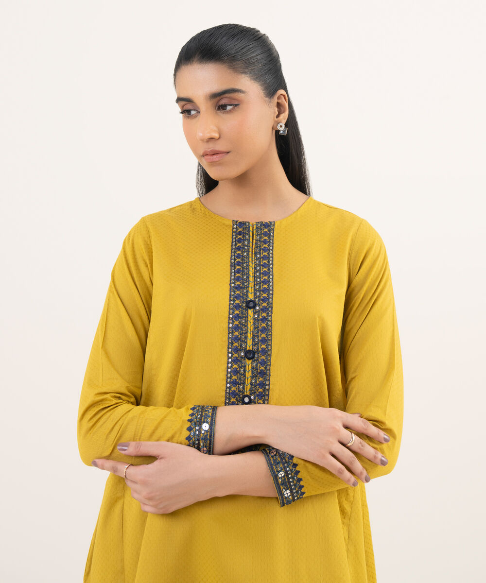 Women's RTW Textured Cotton Yellow Embroidered A-Line Shirt